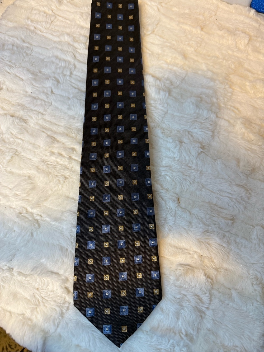 Bellissimo Moda Italia 100% Silk Brown Blue Gold Geometric Tie 3.75”